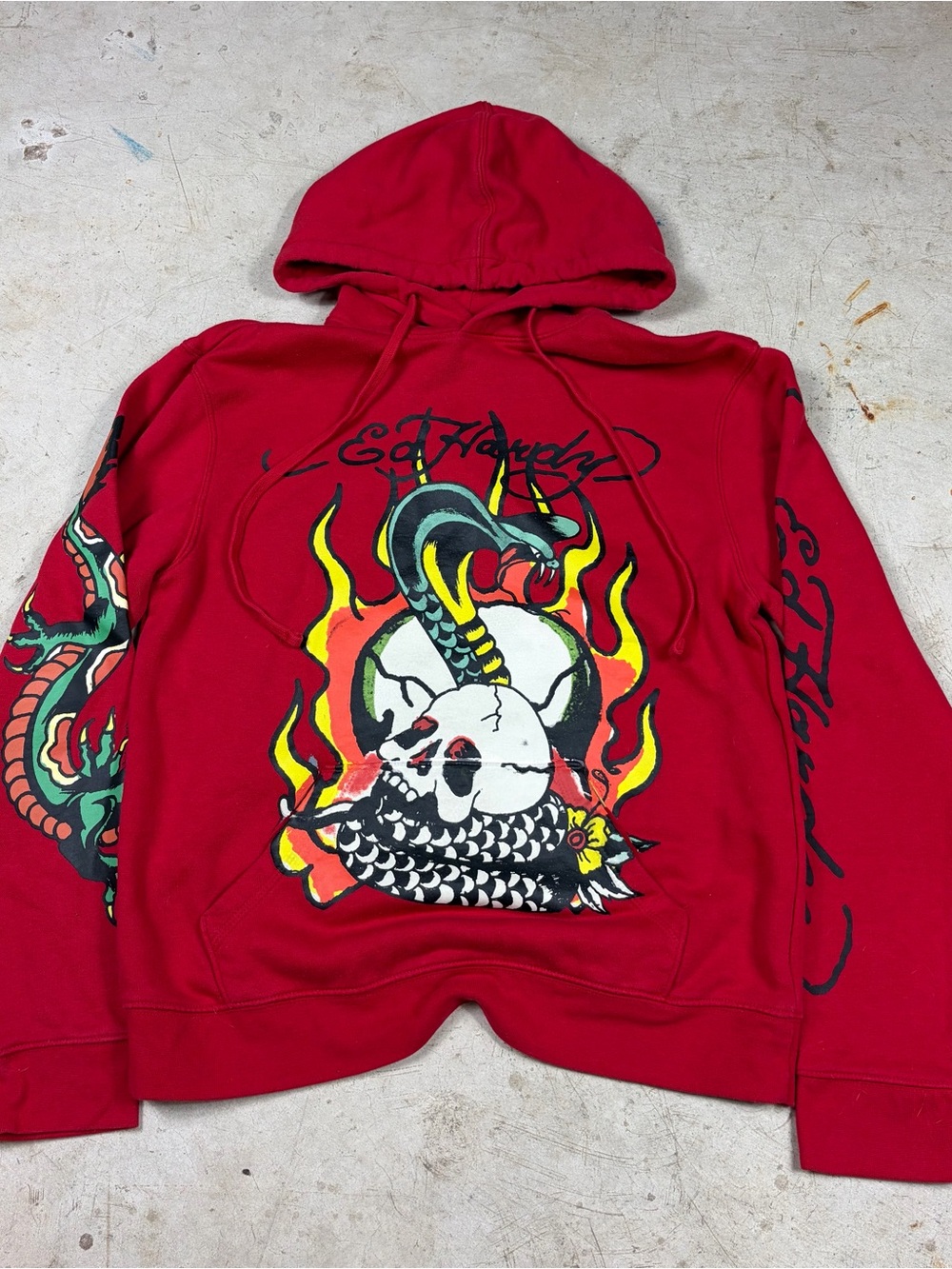 Red ED Hardy Graphic Hoodie Sweatshirt with Snake & Skull Print Medium